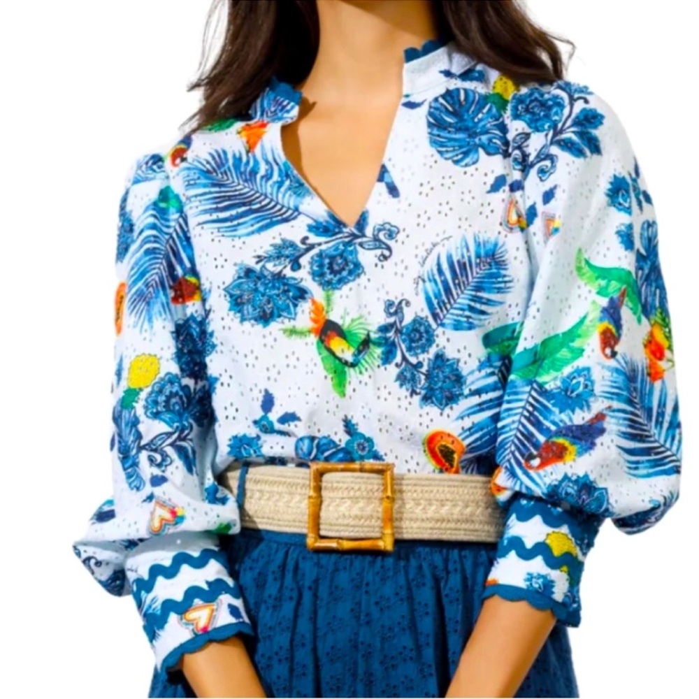 Emily Lovelock Hailey Tropical Eyelet Blouse Size XL